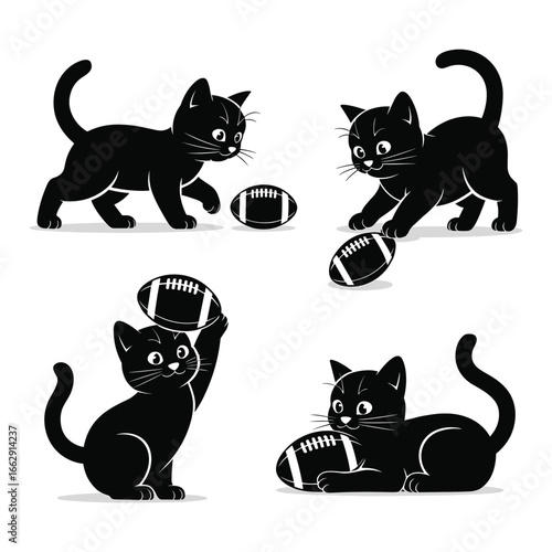 Four playful black kittens interacting with american footballs silhouette