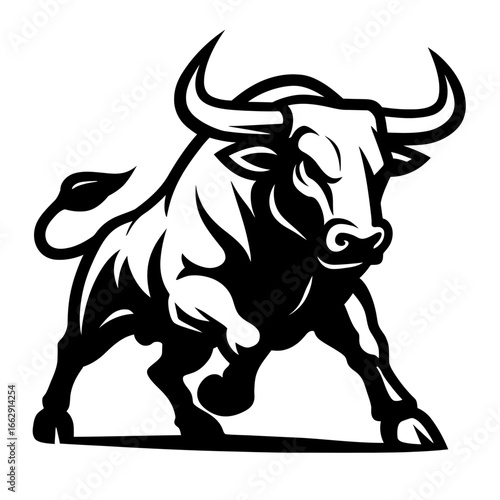 Powerful black and white illustration of a charging bull, conveying strength, aggression, and determination.