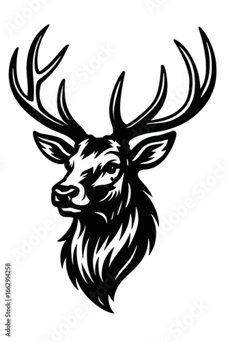 Striking black and white illustration of a stag's head, featuring impressive antlers and a powerful gaze.