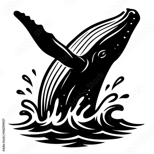 Dynamic black and white vector illustration of a humpback whale breaching. Perfect for marine life, ocean themes, or designs symbolizing power and freedom.