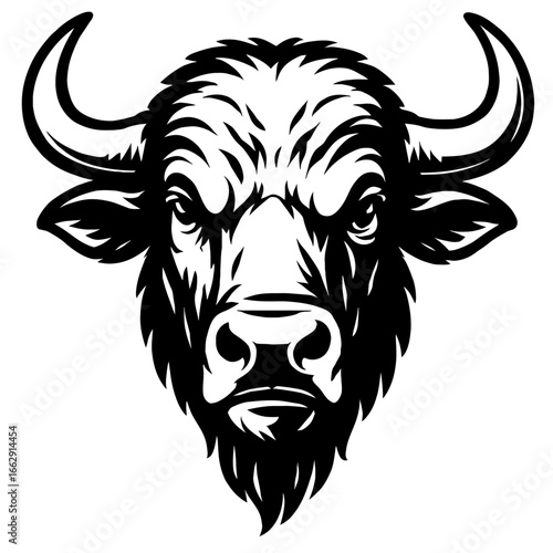 Intense buffalo head in black and white vector art. A powerful symbol for strength, resilience, and wild nature.