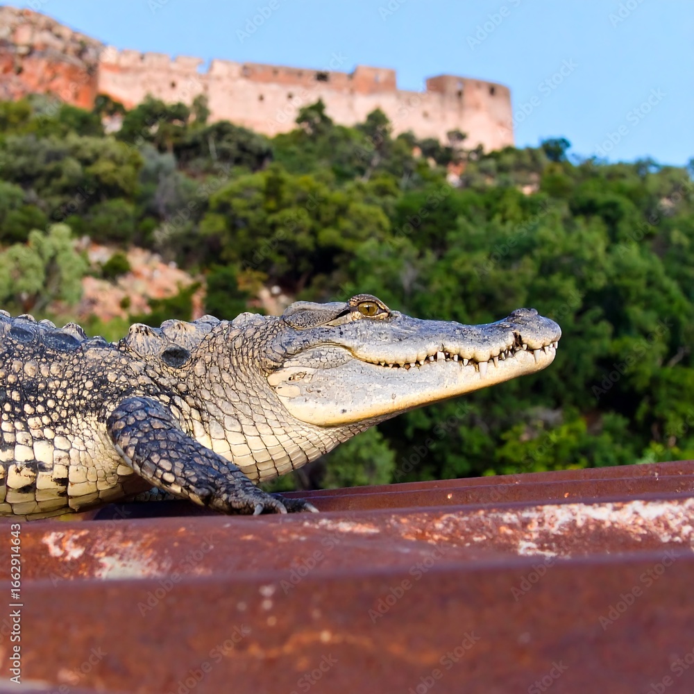 Obraz premium Crocodile on a rusty metal roof, with a fortress in background