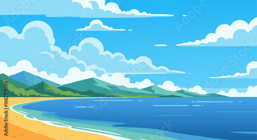 Idyllic beach landscape vector illustration with calm ocean, golden sand, distant mountains, and bright sky, perfect for peaceful travel and nature designs