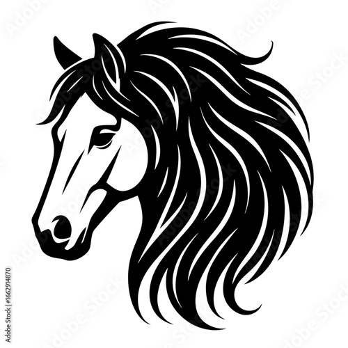 A striking black and white illustration of a horse's head in profile, featuring a flowing mane and elegant features.