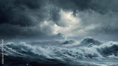 Dramatic seascape with turbulent waves and dark stormy clouds, evoking a sense of nature's power