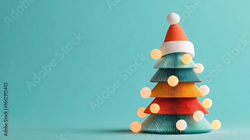 Rotating Origami Christmas Tree Wearing Santa Hat and Sparkles