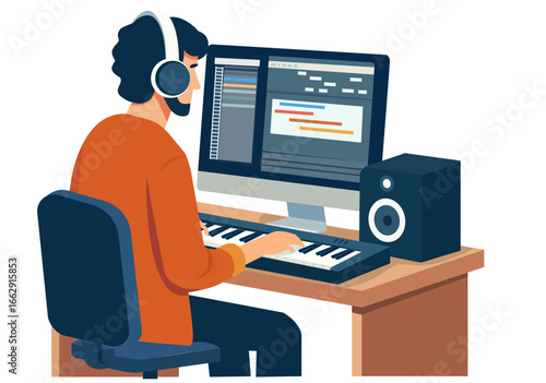 Flat illustration of a producer composing a song in the studio.