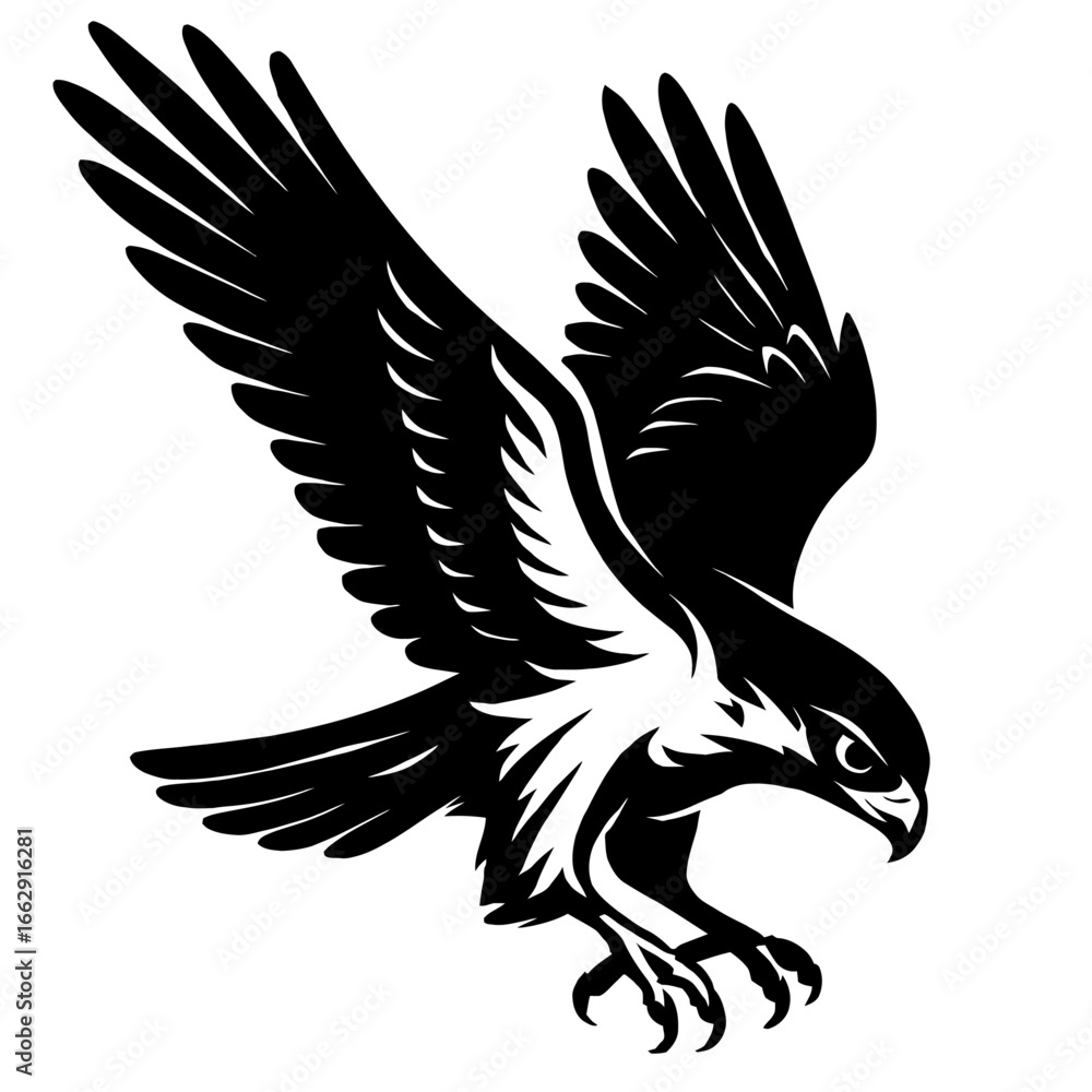 Fototapeta premium A dynamic black and white illustration of a hawk in mid-flight, wings spread as it swoops down, showcasing its keen eyes and talons.