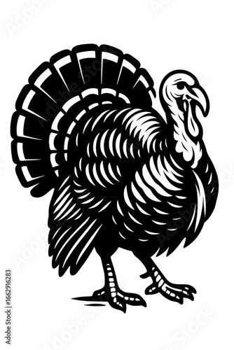 A striking black and white illustration of a male turkey with its tail feathers fanned out in a display.