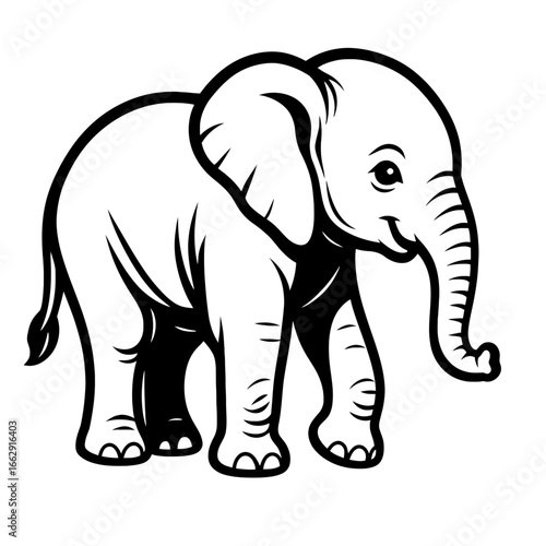 A charming black and white illustration of a baby elephant walking with a cheerful expression and large ears.