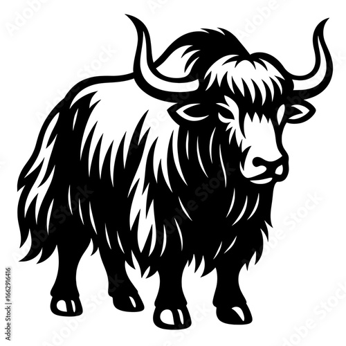 A striking black and white illustration of a yak, emphasizing its shaggy fur, strong build, and curved horns.