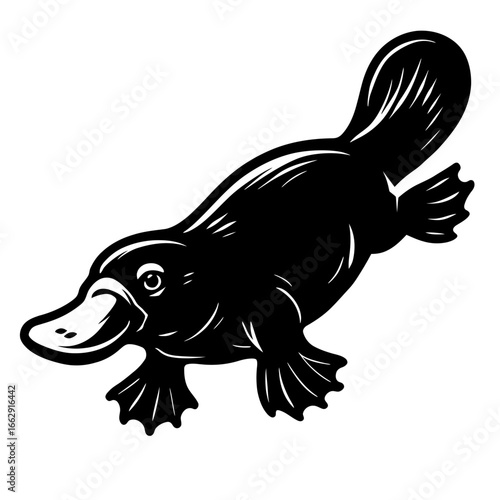 A charming black silhouette of a platypus with its distinctive bill and webbed feet, conveying a sense of movement.