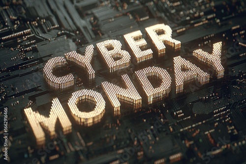 Cyber Monday sales event graphic on digital circuit board with glowing gold text design