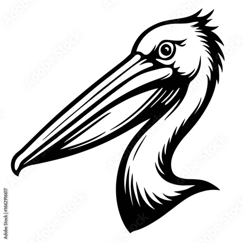 A striking black and white graphic illustration of a pelican's head, emphasizing its long beak and distinctive throat pouch.