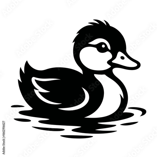 An adorable black and white graphic illustration of a duckling swimming in water, with its fluffy feathers and curious eyes.