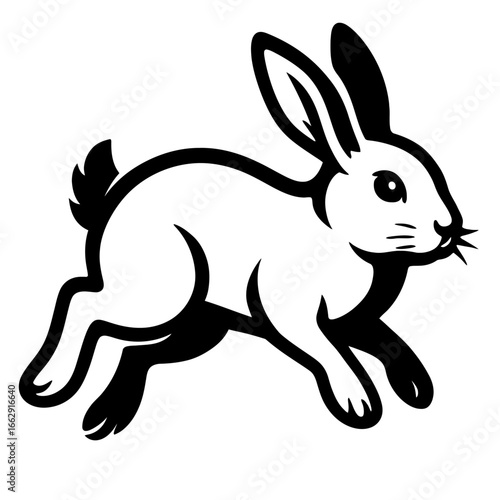 A dynamic black and white graphic illustration of a rabbit in mid-run, with its long ears trailing behind and legs extended.