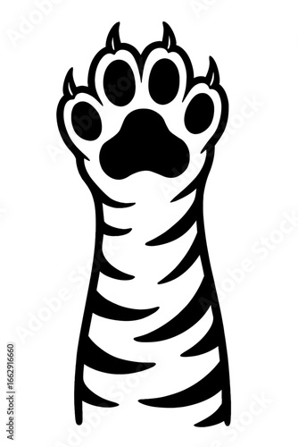 A striking black and white graphic illustration of a tiger's paw, showcasing its retractable claws and striped fur pattern.