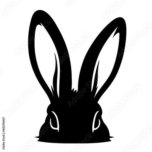 A simple and striking black and white graphic illustration of a rabbit's head, emphasizing its long, prominent ears.