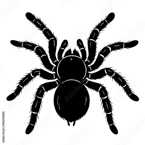 A detailed black and white graphic illustration of a tarantula spider, emphasizing its hairy legs and distinct body shape.