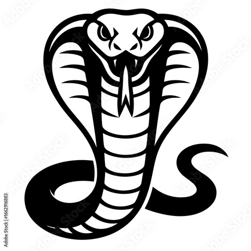 Fierce cobra with its hood flared, depicted in a powerful black and white graphic illustration, symbolizing danger and power.