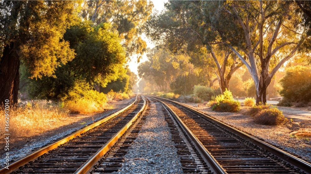 Obraz premium Golden hour railroad tracks through trees