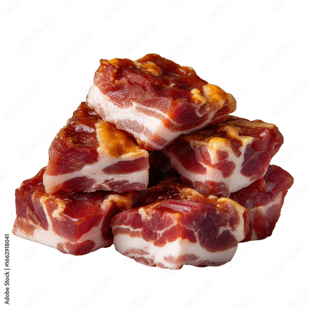 Obraz premium Stack of Freshly Cut Meat Pieces with Juicy Marbling Perfect for Culinary Dishes and Meat Lovers' Recipes