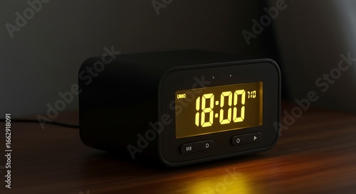 Modern Black Digital Alarm Clock on Wood Nightstand Shows 18:00