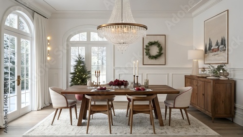 Modern White Interiors Dining Room with Neutral and Gold Festive Accents