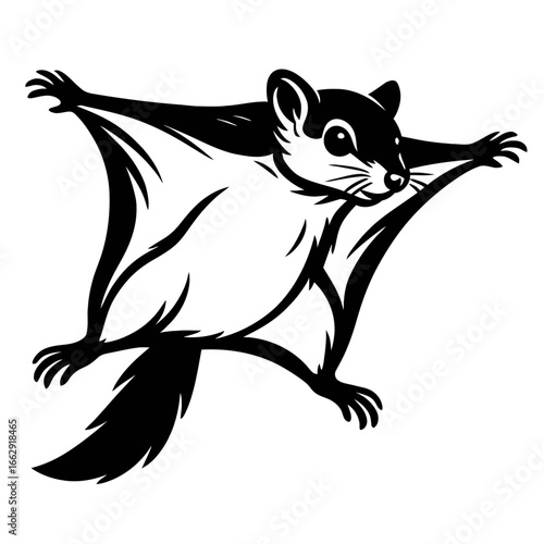 Dynamic black and white graphic of a flying squirrel gliding, with outstretched patagia and a focused expression. An exciting representation of arboreal wildlife.