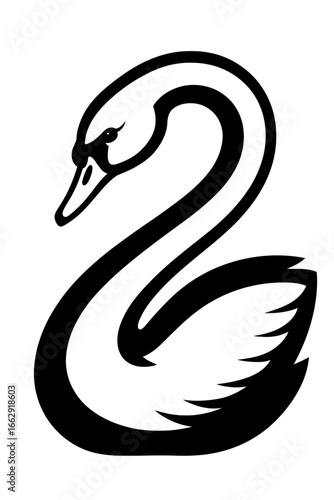 Elegant black and white graphic of a swan with its neck curved gracefully. A symbol of beauty, grace, and purity.