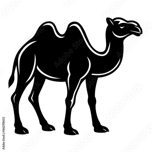 Majestic black and white silhouette of a camel, showcasing its distinctive humps and sturdy build. An iconic representation of desert travel and resilience.