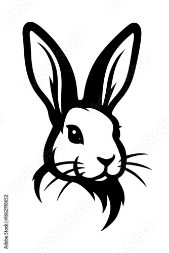 Friendly black and white graphic of a rabbit's head, featuring long ears, alert eyes, and prominent whiskers. A charming illustration for various uses.