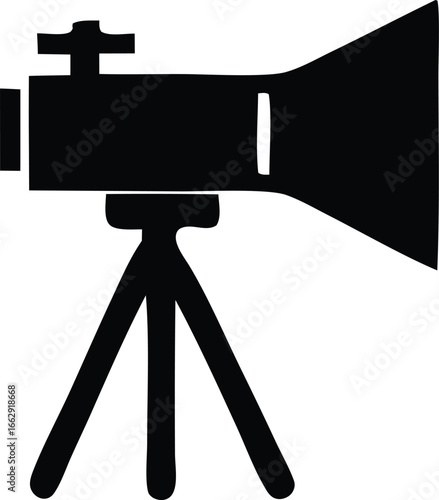 Iconic silhouette of a professional video camera mounted on a sturdy tripod ready for filming and content creation