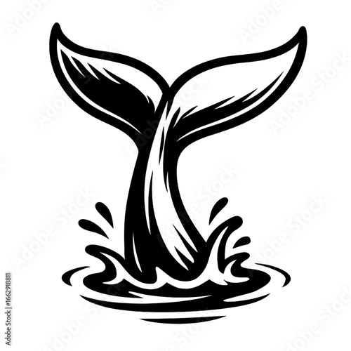 Dynamic black and white graphic of a whale's tail emerging from a water splash. A powerful and recognizable symbol of marine life and the ocean.