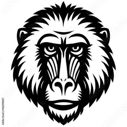 Intense black and white graphic of a baboon's face, featuring strong facial markings and a commanding presence. A striking portrait of wildlife.