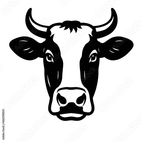 Striking black and white graphic of a cow's head, featuring its characteristic markings, horns, and gentle eyes. A classic representation of livestock.