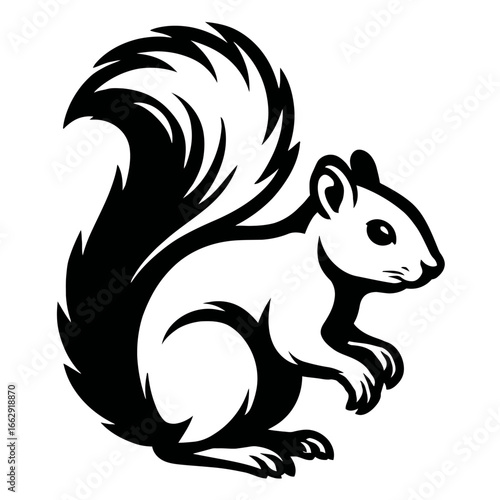 Charming black and white graphic of a stylized squirrel sitting attentively, showcasing its bushy tail and alert expression. Ideal for nature and wildlife themes.