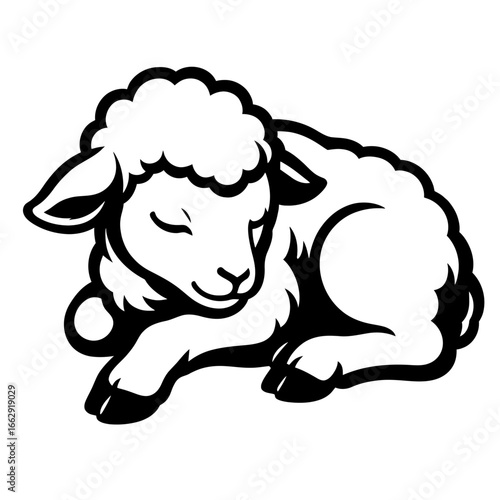Stylized Sleeping Lamb - Baby Sheep, Farm Animal, Innocence, Vector Art, Black and White
