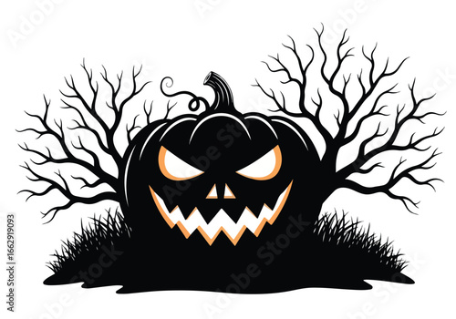 Scary jackolantern with spooky bare trees and grassy ground halloween design