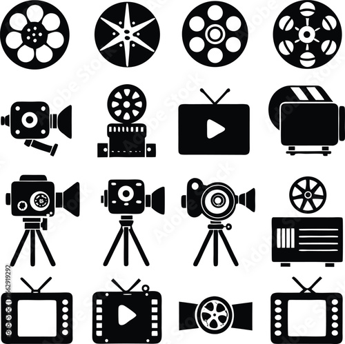 Collection of vintage and modern cinema icons featuring film reels cameras projectors and televisions representing the art of filmmaking and entertainment