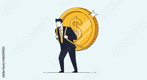 Businessman carries huge gold coin on his back