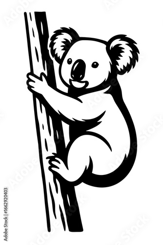 Stylized Koala Climbing Tree - Australian Wildlife, Marsupial, Cute Animal, Vector Art, Black and White