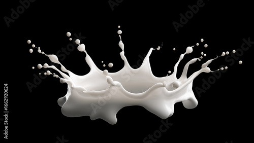 Liquid milk splashing for a healthy swirl on black background. Dairy fluid and white purity. Natural fresh drink product