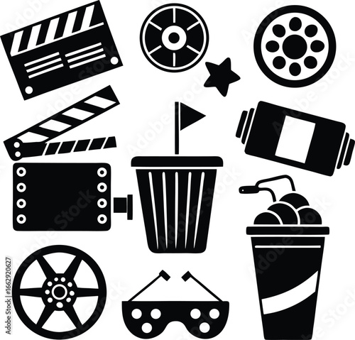 Capturing cinematic moments movie production icons film reel popcorn drink 3d glasses and clapperboard collection for visual storytelling