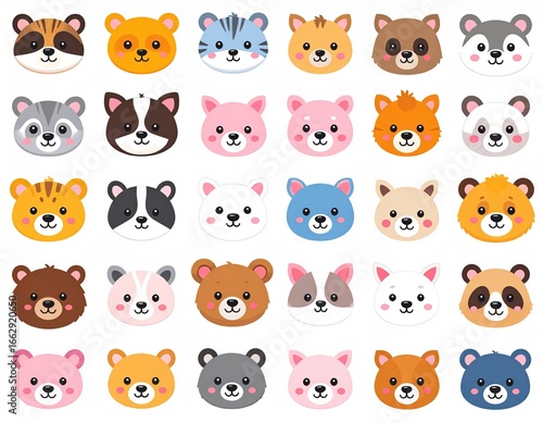 Colorful animal character face icon material set/カラフルな動物キャラクター顔アイコン素材セット 