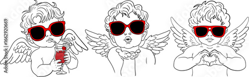 set of three funny cupid characters with red sunglasses vector illustration for valentine's day love hearts and romance holiday design