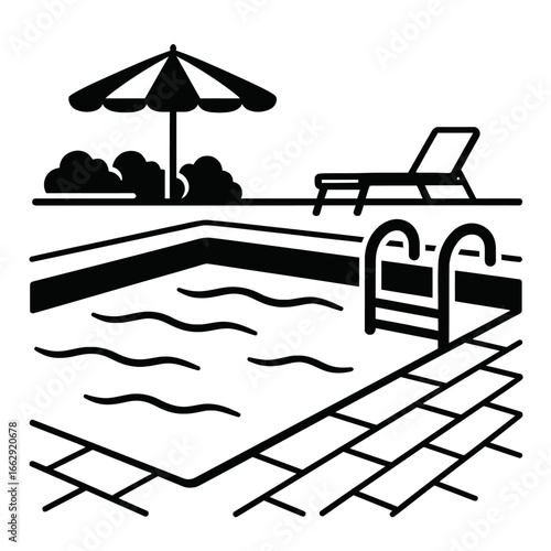 Swimming Pool with Lounge and Umbrella Vector - Classic Symbol for Summer and Relaxation