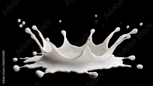 Milk splashing and pure dairy fluid swirl. White liquid and natural freshness on black background. Isolated beverage product