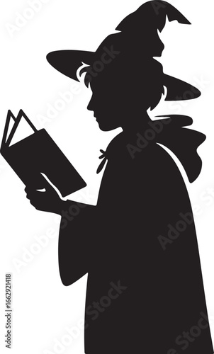 Silhouette of a Witch Reading a Book Against a Checkered Pattern