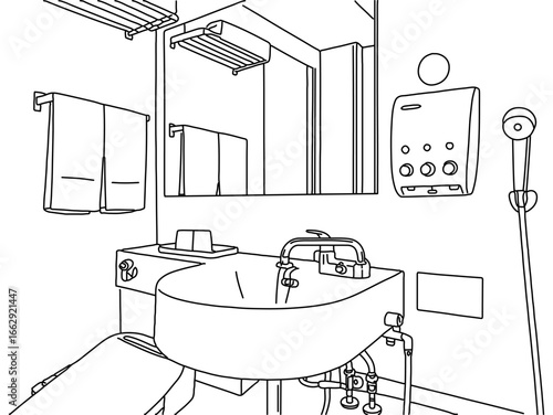 Hand drawn line of Bathroom, Bathroom interior with stand shower, faucet toilet sink,water heater and washstand,Linear vector bathroom,Home interior design,Vector illustration